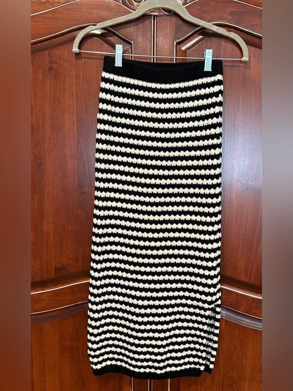 Freshman Black and White Striped Knit Midi Skirt